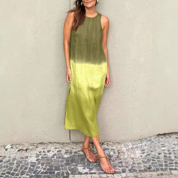 Drune | Baumwolle Leinen Ärmelloses Schlitz Gradient Kleid