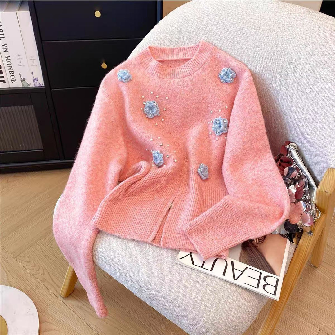Damen Modischer Pullover mit floralen Applikationen Drune
