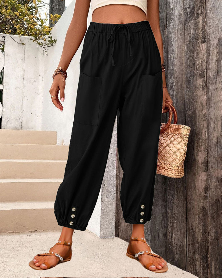 Damen Leinenlook Loungehosen mit hohem elastischem Taillenbund, Kordelzug, aufgesetzten Taschen und geknöpftem Saum Drune