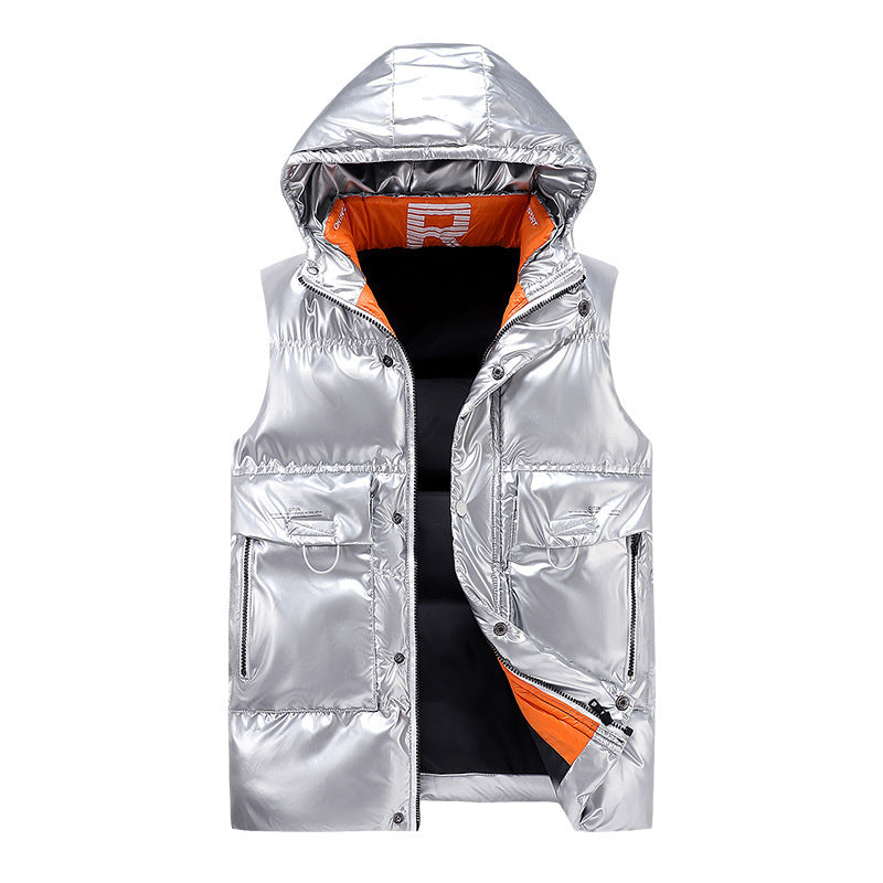 Herren wattierte Kapuzenweste im Metallic‑Look mit Utility‑Taschen Drune