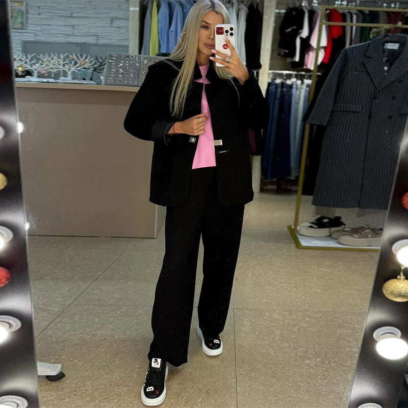 Damen lässige Sweater-Blazer-Kombination mit weit geschnittenen Hosen Drune
