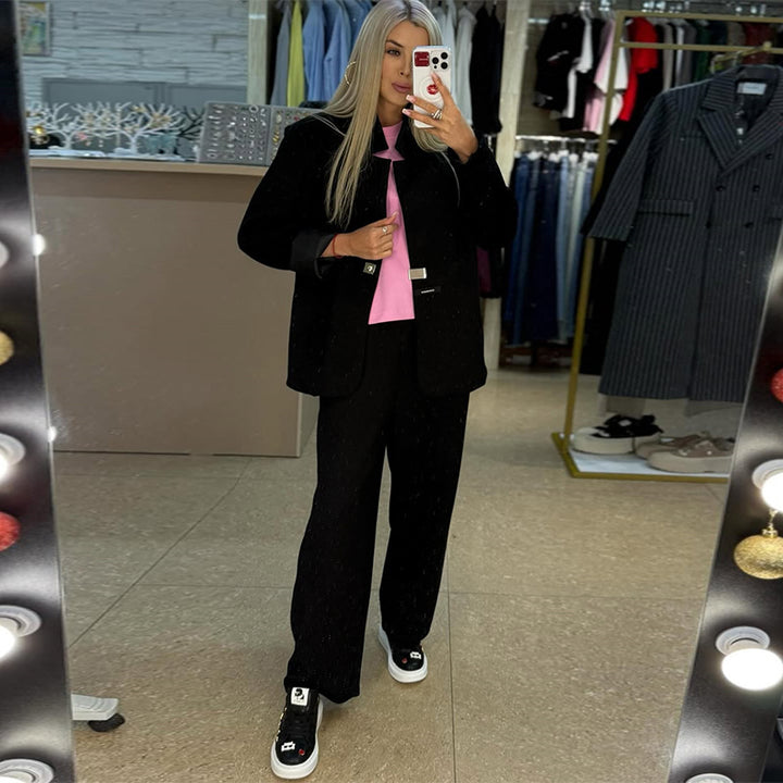 Damen lässige Sweater-Blazer-Kombination mit weit geschnittenen Hosen Drune