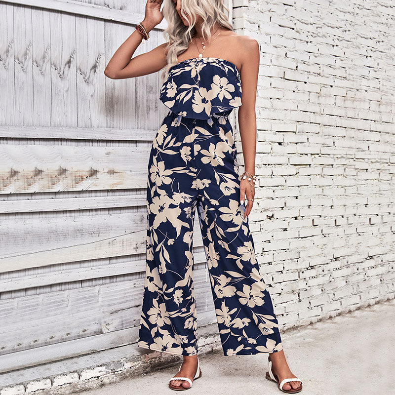Damen luftiger Jumpsuit mit floralem Rüschenoberteil und weitem Bein Drune