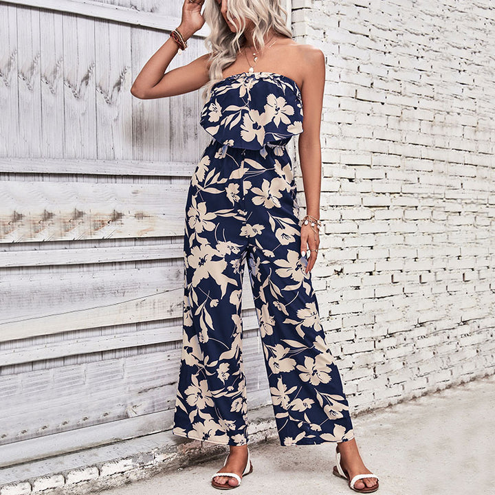 Damen luftiger Jumpsuit mit floralem Rüschenoberteil und weitem Bein Drune