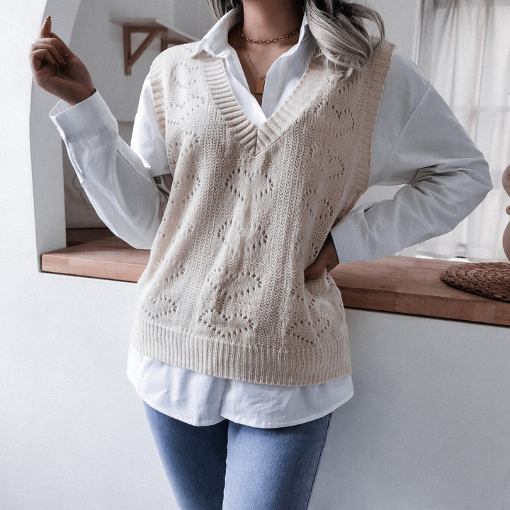 Damen Strickweste mit V-Ausschnitt und Herzmuster Drune