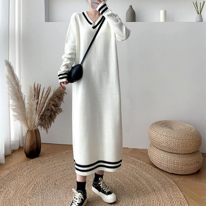 Damen Langarm-Strickkleid mit modernem V-Ausschnitt und kontrastierenden Rippdetails Drune