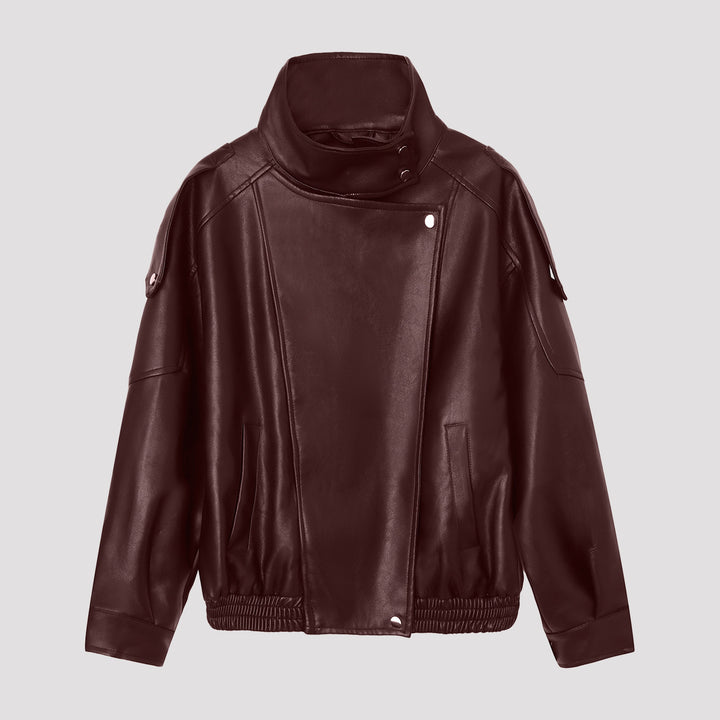 Damen Modische Lederjacke mit Stehkragen Drune