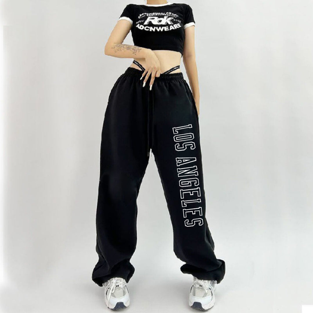 Damen nan weiche Highwaist-Sweatpants mit seitlichem New York-Print, elastischem Bund und Kordel Drune