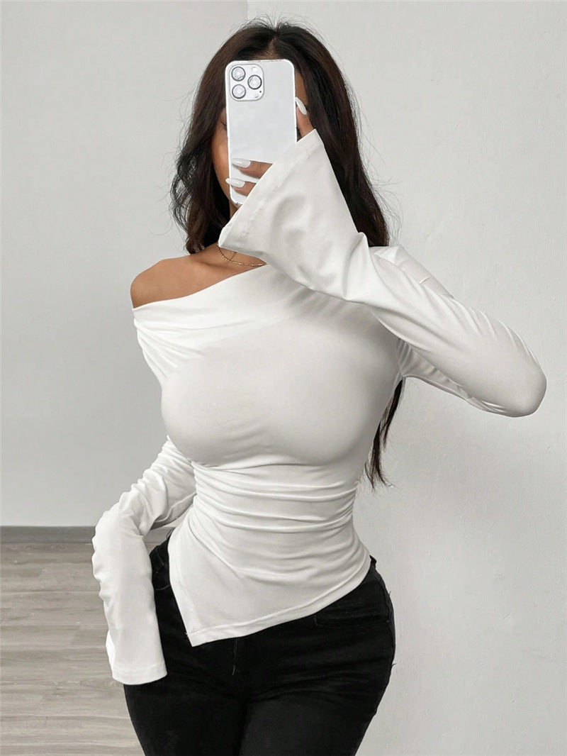 Damen Langarmshirt mit schmeichelnder V-Ausschnitt und einzigartiger Raffung Drune