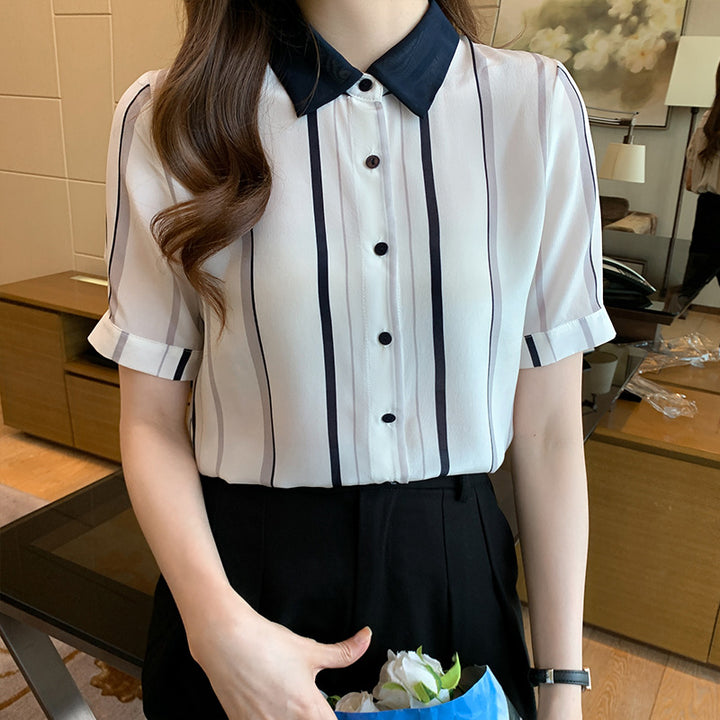 Damen Kurzarm Bluse mit eleganter Streifenmusterung und klassischem Kragen Drune