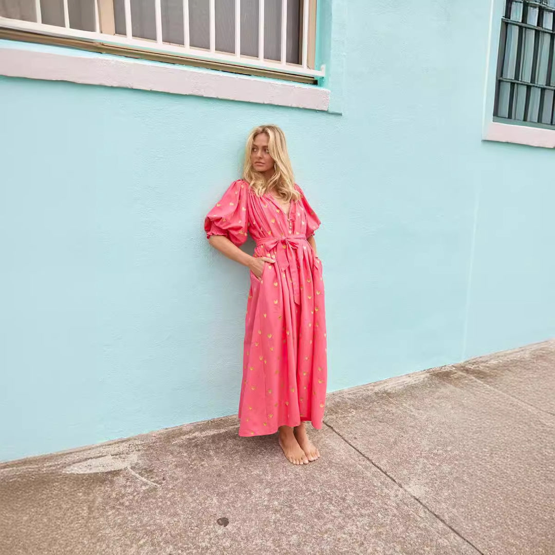 Damen Sommerkleid mit Puffärmeln und goldenen Details Drune