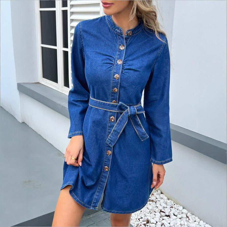 Damen Tailliertes Denim-Kleid mit Knopfleiste und Bindegürtel Drune