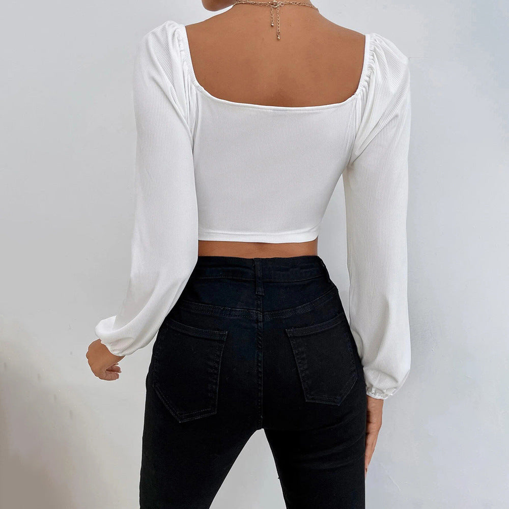 Damen cropped Oberteil mit schickem Puffärmel-Design und figurbetonter Passform Drune