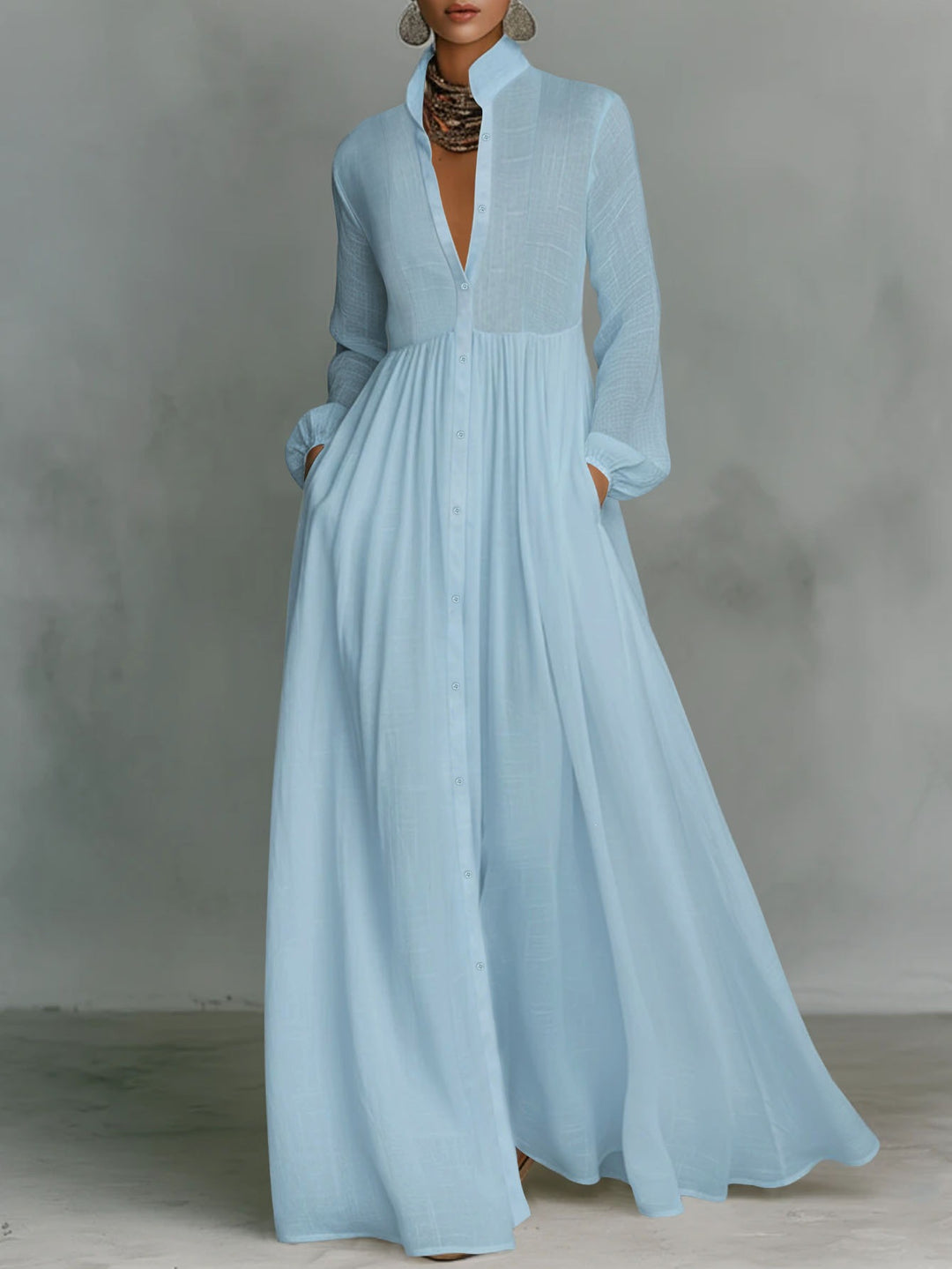 Damen Maxikleid mit Stehkragen, durchgehender Knopfleiste, taillenhoher Raffung und Eingrifftaschen Drune