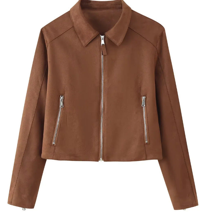 Damen Cropped Jacke aus Velourslederoptik mit Hemdkragen und zwei Reißverschlusstaschen Drune