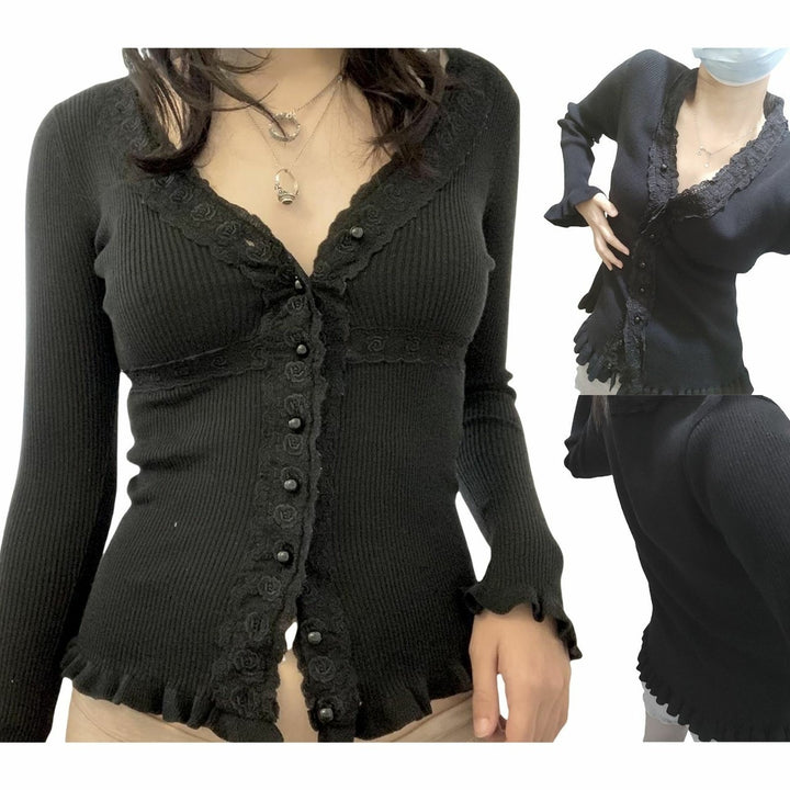 Damen Strickoberteil mit romantischem Spitzenbesatz und Rüschendetails Drune