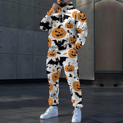 Herren Halloween-Jogginganzug mit auffälligem Kürbis- und Fledermausdesign Drune