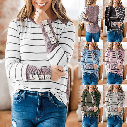 Damen Lässiges Streifen‑Langarmshirt mit Knopfmanschetten und Leo‑Kontrast Drune