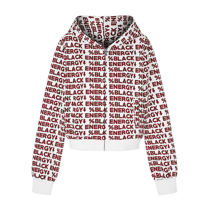 Damen kurze Zip-Kapuzenjacke mit Allover-Logoprint und elastischem Rippenbund Drune