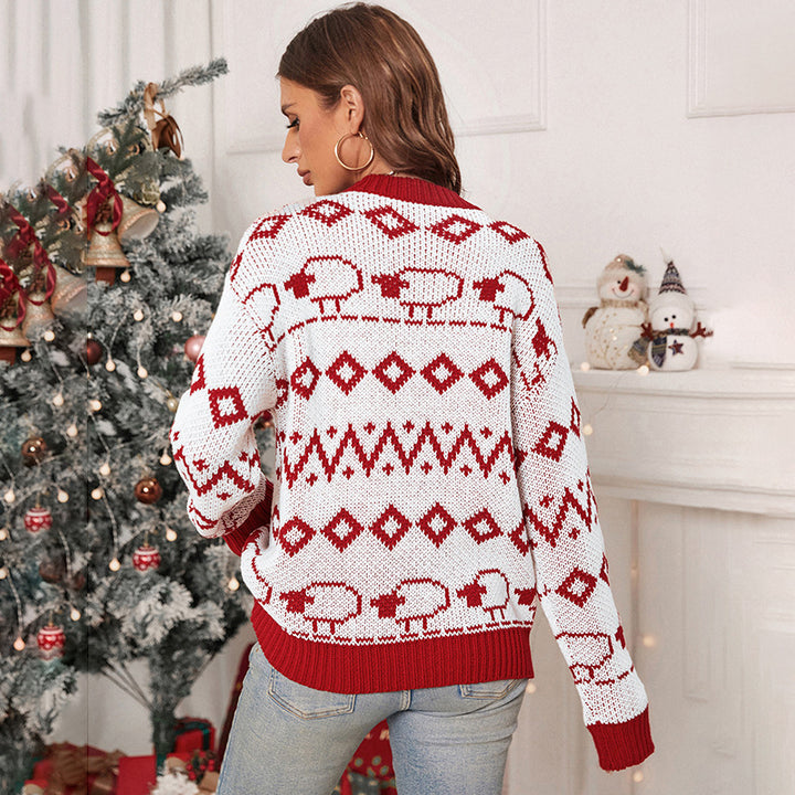 Damen Festlicher Jacquard-Pullover mit Schafbordüre und gerippten Bündchen Drune