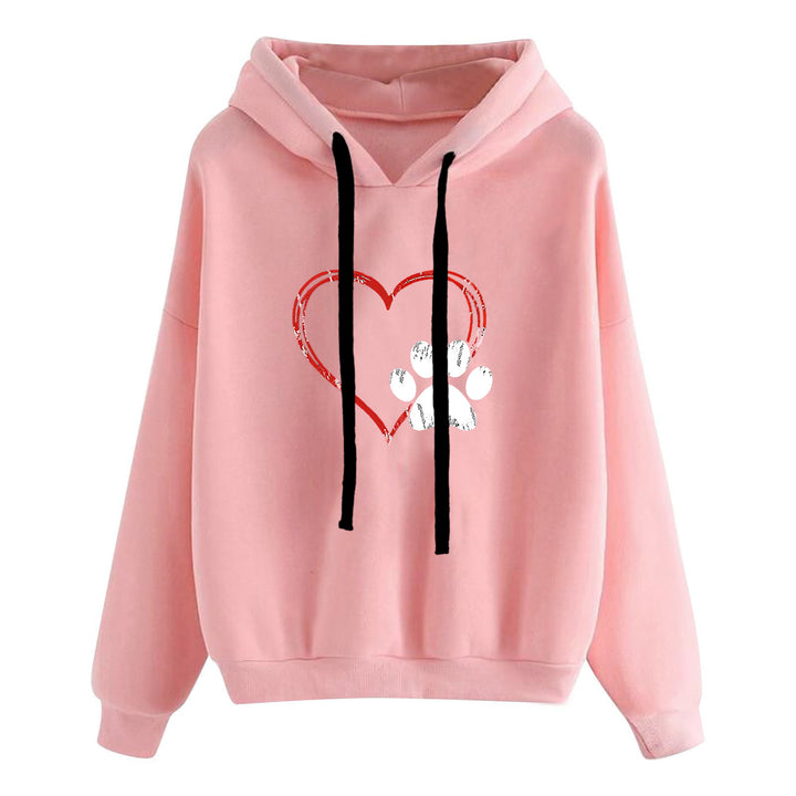 Damen nan lässiger Oversize Kapuzenpullover mit Herz‑und‑Pfotenprint, Kordelzug und gerippten Bündchen Drune