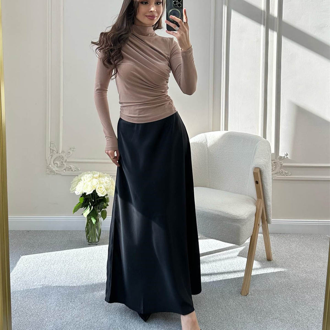 Damen Fitted Langarmshirt mit Stehkragen und seitlicher Raffung Drune