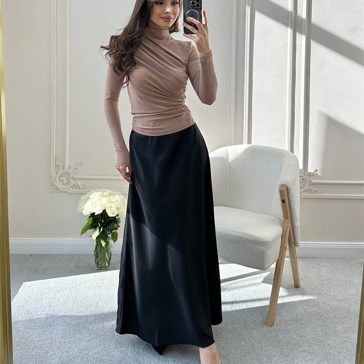 Damen Fitted Langarmshirt mit Stehkragen und seitlicher Raffung Drune