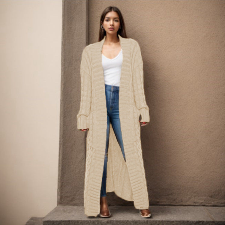 Damen Langer Strickcardigan mit strukturiertem Zopfmuster und praktischen Taschen Drune
