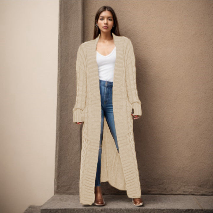 Damen Langer Strickcardigan mit strukturiertem Zopfmuster und praktischen Taschen Drune