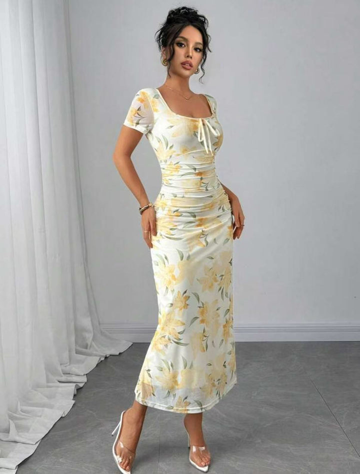 Damen Maxikleid mit floralen Mustern und dekorativem Wickeldetail Drune