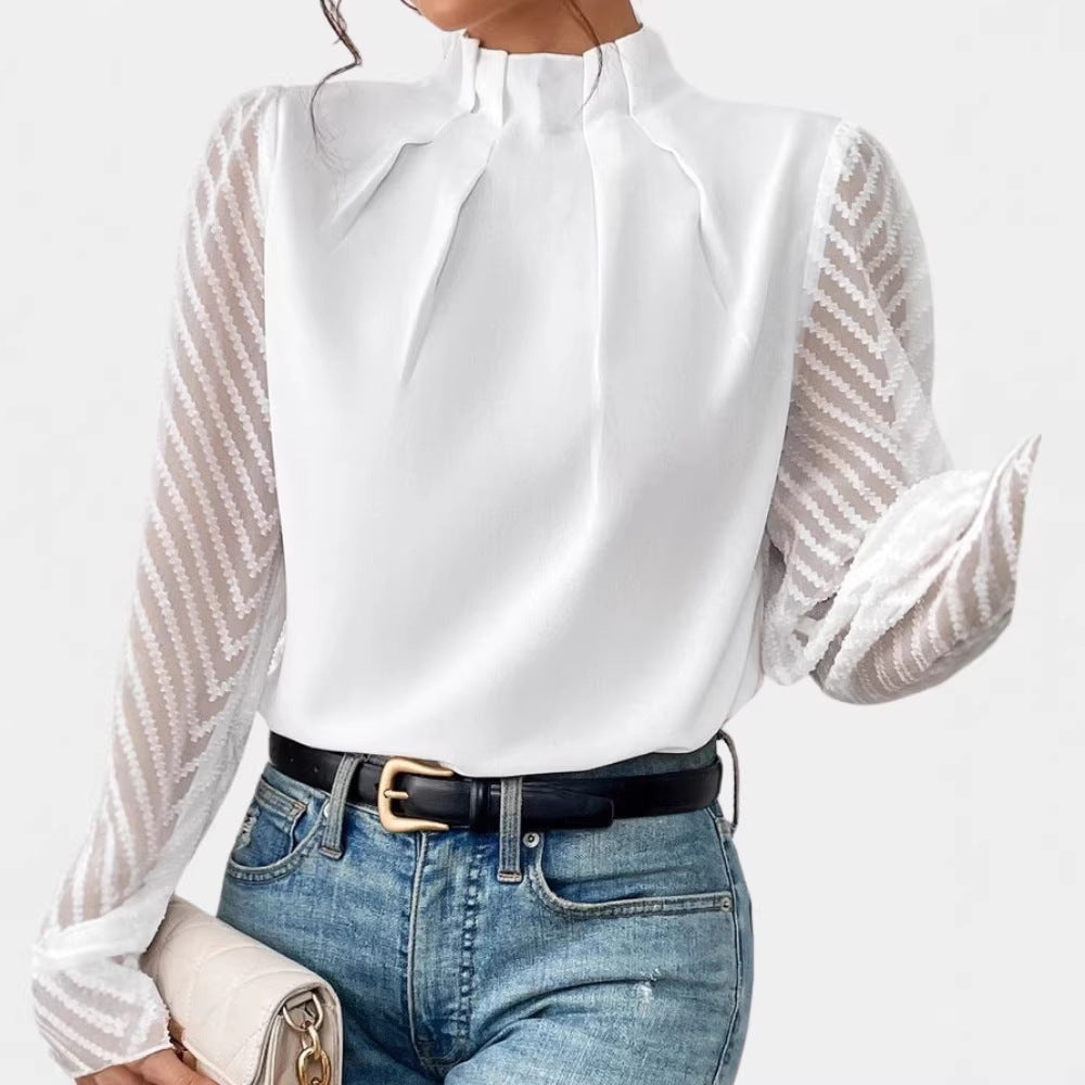 Damen Elegante Chiffonbluse mit Stehkragen, Faltenkante und transparenten Jacquard-Ärmeln Drune
