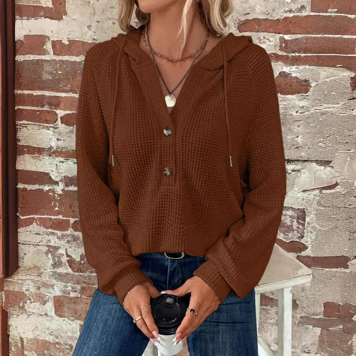 Damen Waffelstrick Kapuzenpullover mit Knopfleiste und Rüschenkragen Drune