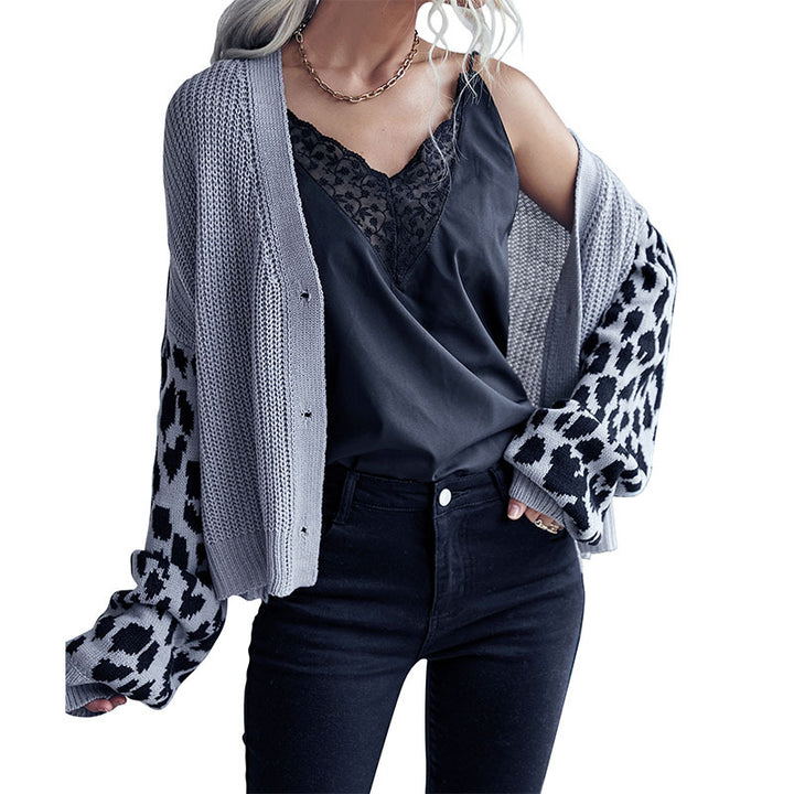 Damen Oversize Strickcardigan mit Leopardenmuster-Ärmeln und V‑Ausschnitt Drune