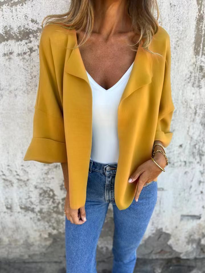 Damen nan legerer offener Strickcardigan mit Schalkragen krempelbaren Ärmeln und kastiger Silhouette Drune