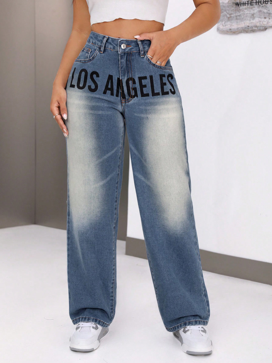 Damen weit geschnittene Jeans mit stylischem Schriftzug Drune