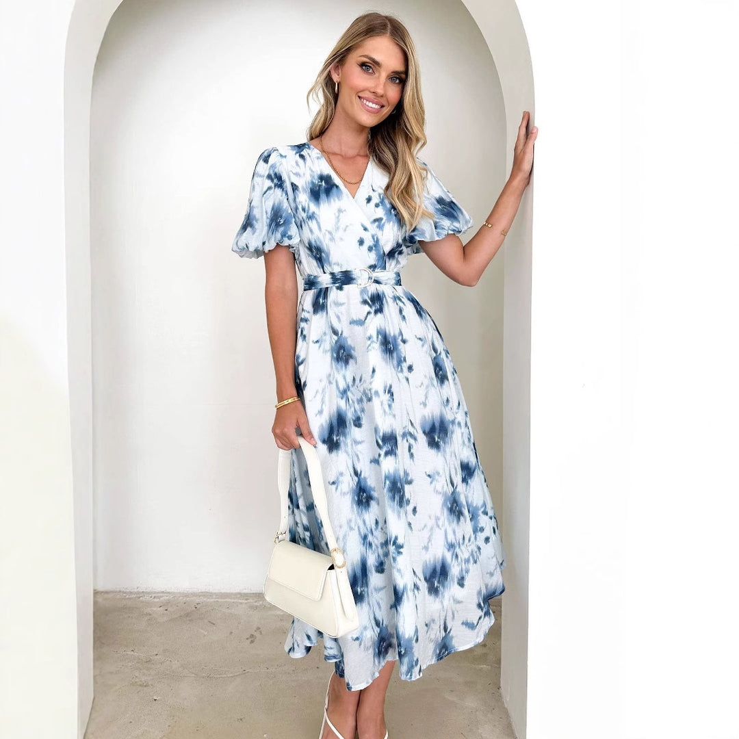 Damen Midikleid mit tailliertem Schnitt, voluminösen Ärmeln und elegantem Wellenmuster Drune