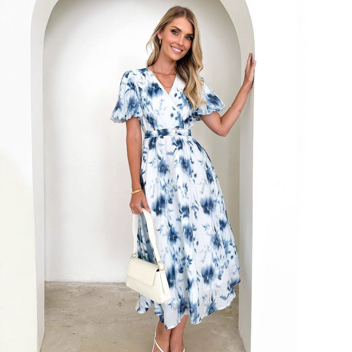 Damen Midikleid mit tailliertem Schnitt, voluminösen Ärmeln und elegantem Wellenmuster Drune