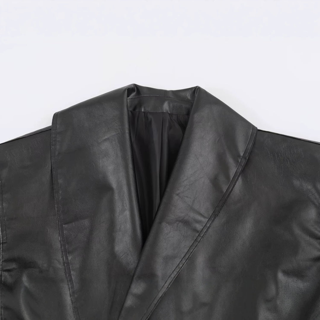 Damen Kurzer Kunstleder-Blouson mit übergroßem Schalkragen und Taillenriemen Drune