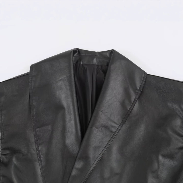 Damen Kurzer Kunstleder-Blouson mit übergroßem Schalkragen und Taillenriemen Drune