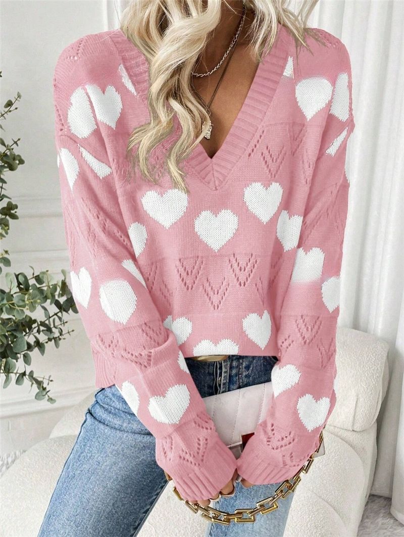 Damen kuscheliger Pullover mit herzförmigem Muster und V-Ausschnitt Drune