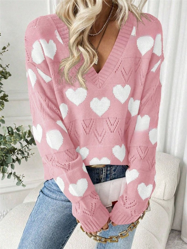 Damen kuscheliger Pullover mit herzförmigem Muster und V-Ausschnitt Drune