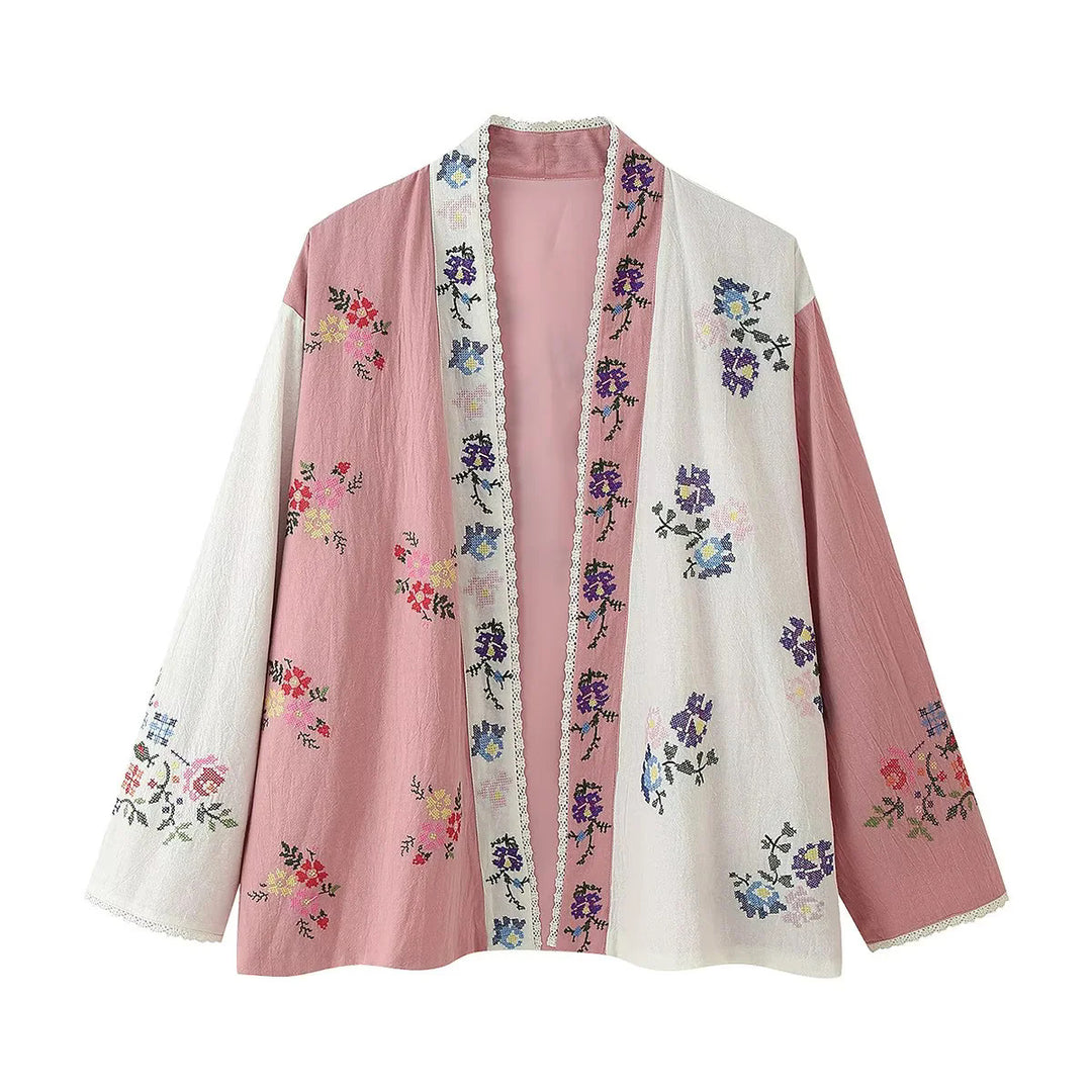 Damen nan bestickte Kimono-Cardigan mit offener Front, Spitzenbesatz und floraler Stickerei Drune