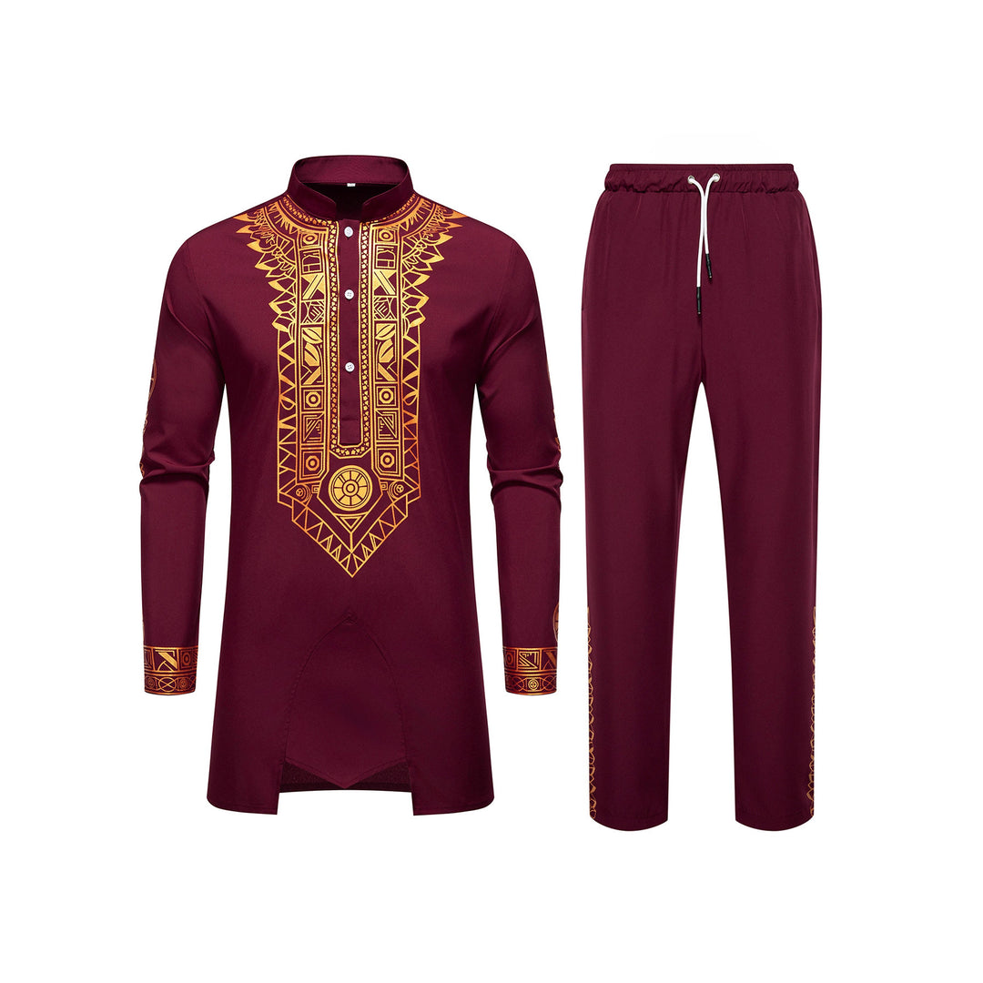 Herren Traditionelles Langarm-Kurta-Set mit Stehkragen, goldfarbenem Ornamentdruck und Tunnelzughose Drune