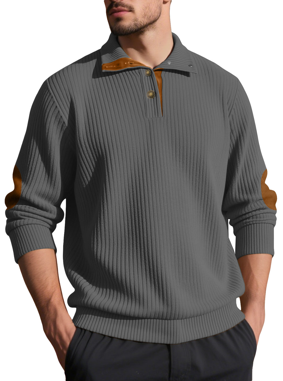 Herren nan Rippstrick-Halbknopf-Pullover mit Kentkragen und Lederbesatz Drune