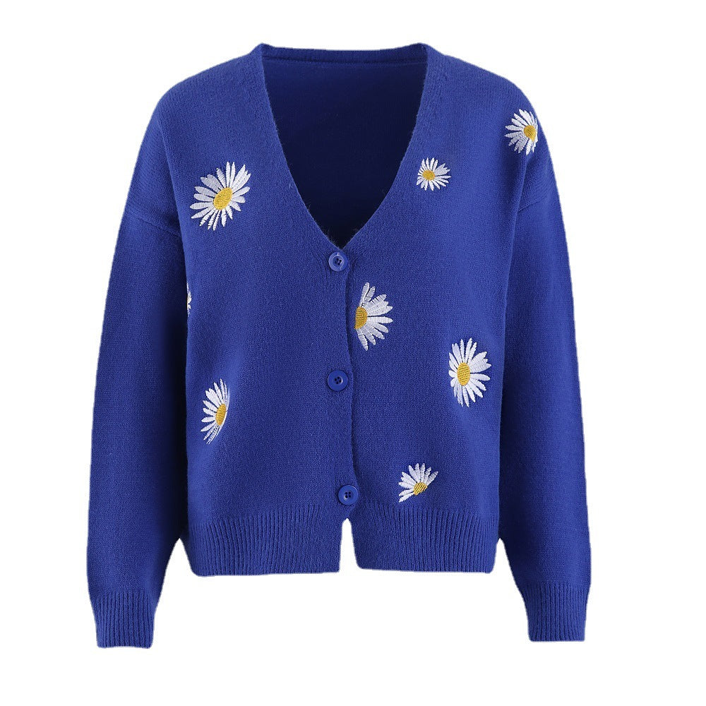 Damen Kurzgeschnittener V-Ausschnitt-Strickcardigan mit gestickten Gänseblümchen und Rippbündchen Drune