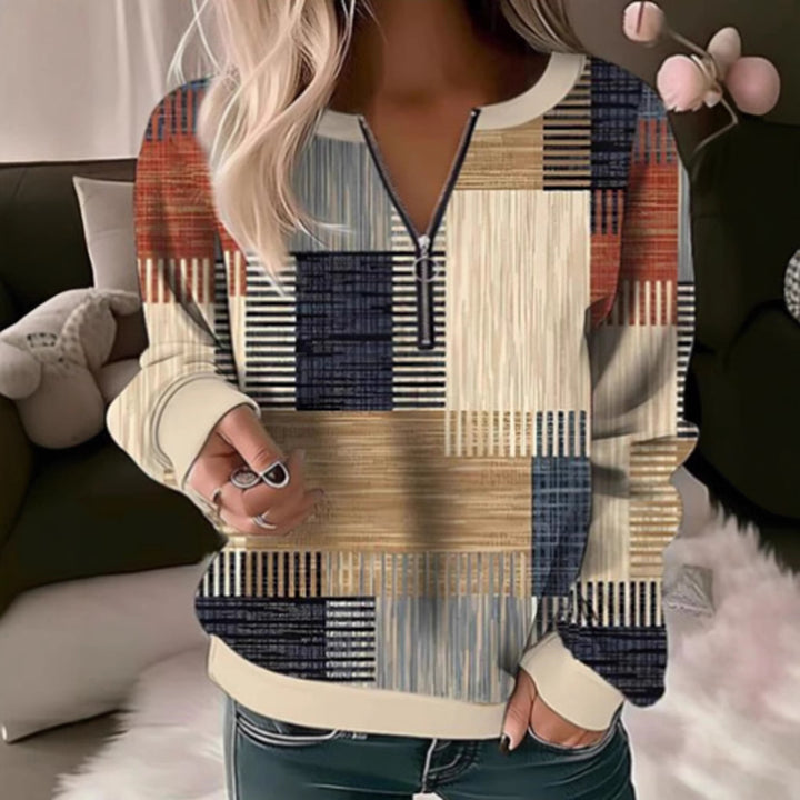 Damen nan gemütlicher Pullover mit kurzem Reißverschluss, grafischem Patchworkmuster, verlängerten Ärmelbündchen und geripptem Saum Drune
