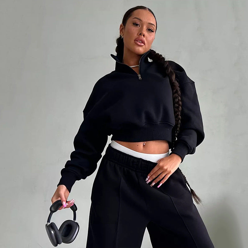 Damen Zweiteiliges Cropped-Halbzip-Sweatset mit Stehkragen und elastischer High-Waist-Jogginghose Drune