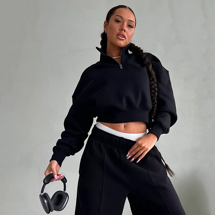 Damen Zweiteiliges Cropped-Halbzip-Sweatset mit Stehkragen und elastischer High-Waist-Jogginghose Drune