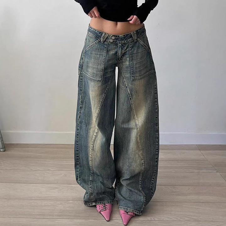 Damen nan weite Low-Rise Baggy-Jeans mit markanten V‑Nahtpaneelen und aufgesetzten Fronttaschen Drune