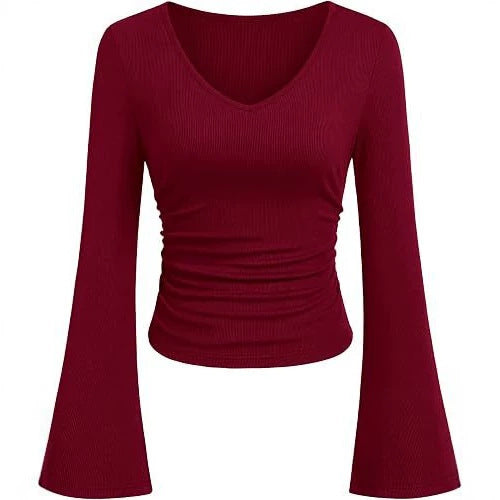 Damen Geripptes Cropped-Top mit V-Ausschnitt, taillierter Raffung und ausgestellten Trompetenärmeln Drune